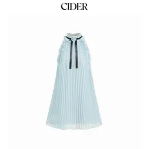 Cider Chiffon Stand Collar Pleated Rosette Bowknot A-line Mini Dress