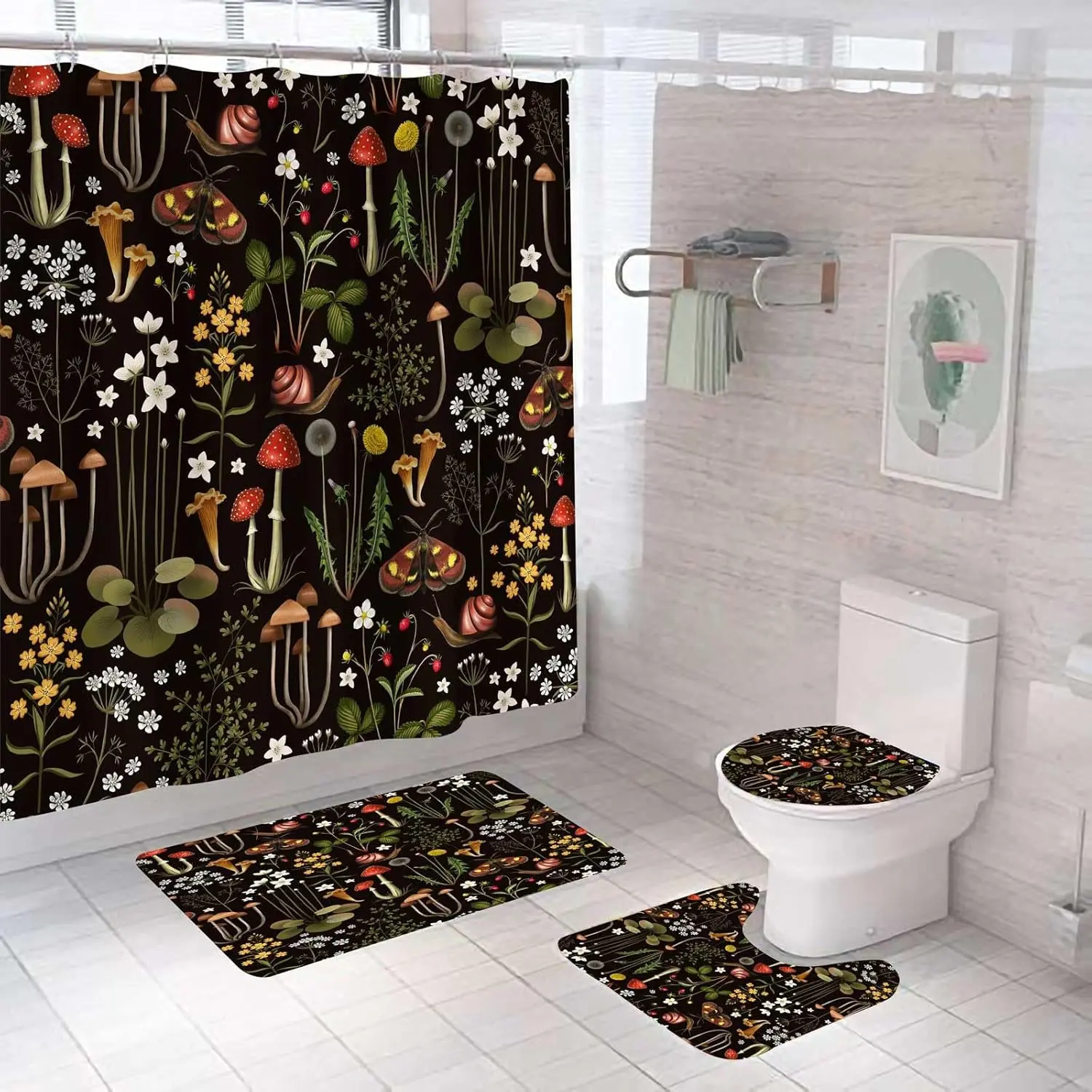 4Pcs Retro Mushroom Bathroom Accessory Set - 1pc 72x72in Fairy Forest Flowers Plants Black Background Shower Curtain, Non-Slip Rug, Toilet Lid Cover, Bath Mat, 1Pc Shower Curtain