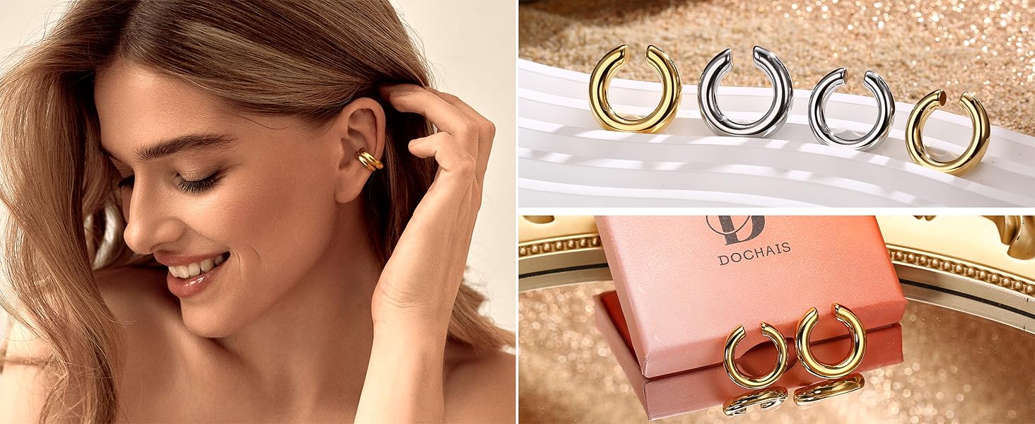 Ear Cuff Non-Piercing Earrings, Women's Chunky Earcuff Earrings No Hole Clip on Cartilage Earrings for Girls Hypoallergenic Jewelry Gift, Di medie dimensioni, Brass, Cubic Zirconia