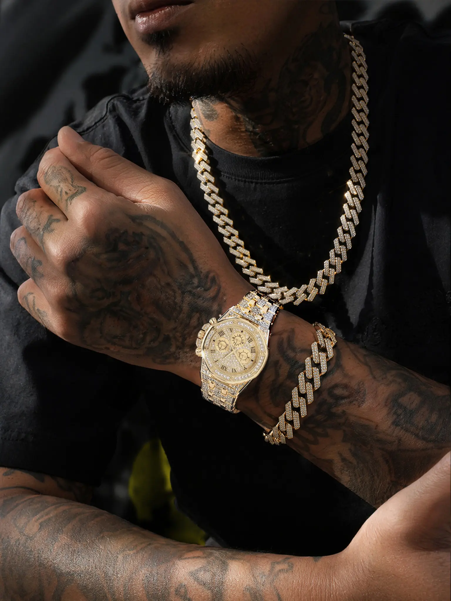 Men's Full Diamond Watch Necklace Bracelet Set, American Hip Hop Street Style, Roman Numerals Three-Hand Timer, Cuban Chain, Night Club Accessories