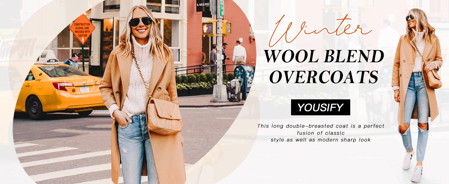 Yousify Womens Notched Lapel Collar Double Breasted Pea Coat Winter Wool Blend Overcoat Long Fitted Jacket with Pockets