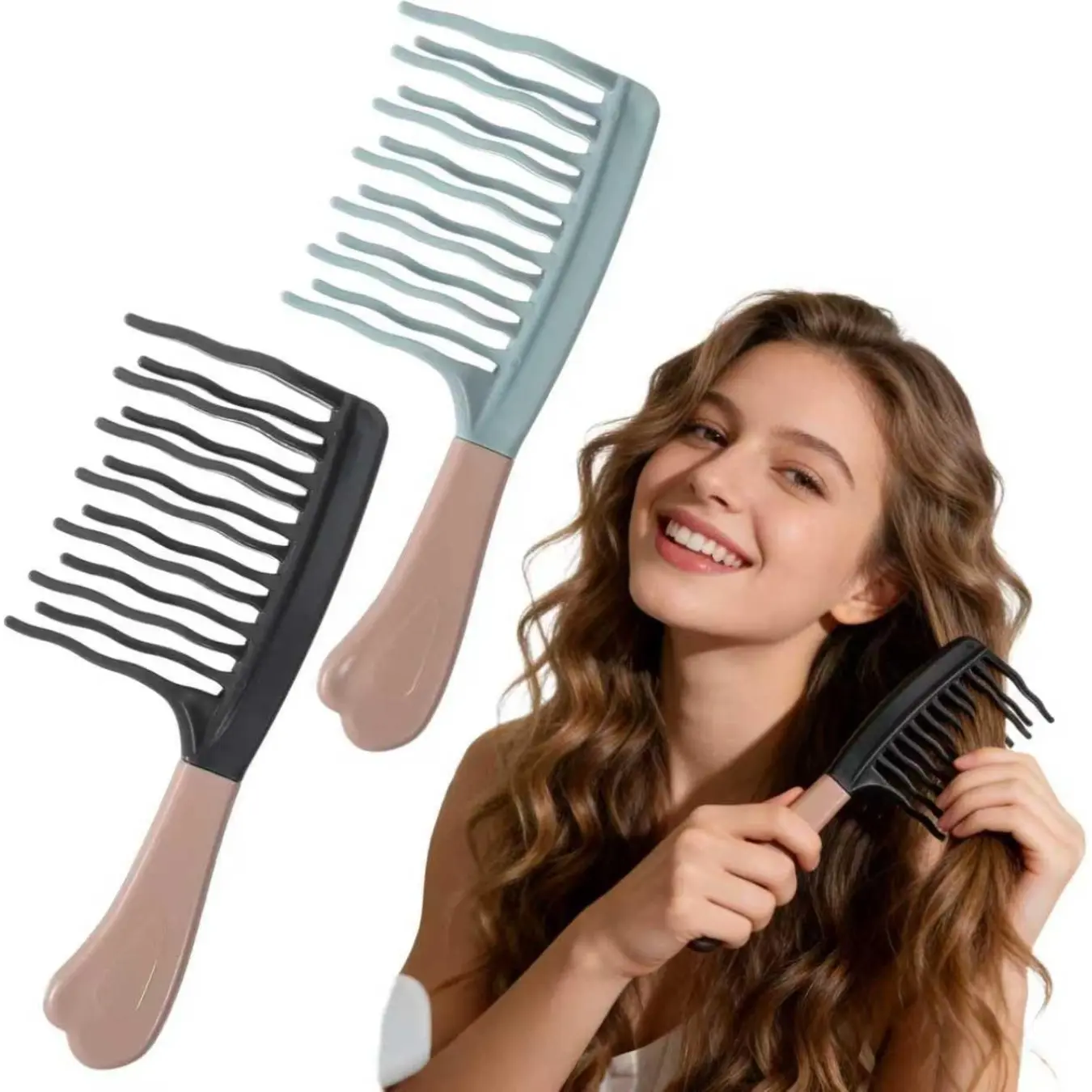 Double Row Wide Tooth Detangling Shower Comb, Wavy Large Teeth Hair Brush for Wet & Dry Thick Curly Long Hair, Styling Tool for Women & Men
