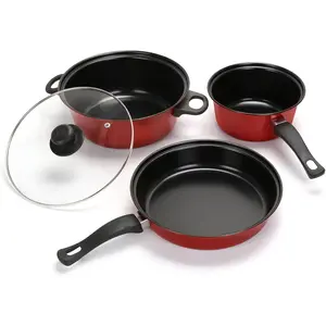 Non-Stick Cookware Set, Portable Lightweight Cast Iron Pots and Pans with Glass Lids and Nylon Utensils 4 Piece Set for Outdoor Camping Picnic Travel