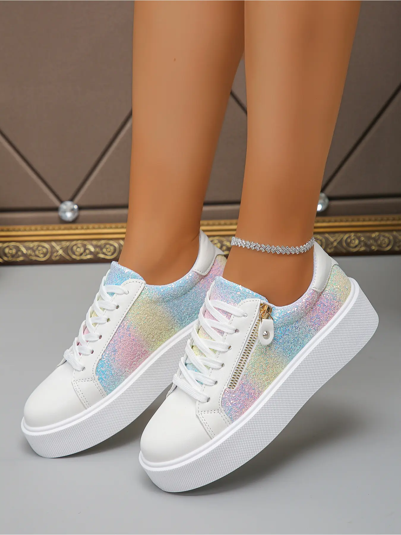 Women's Shoes White Splicing Glitter Platform Sneakers, Convenient Side Zipper Lace Up Comfort Fashion Casual Shoes