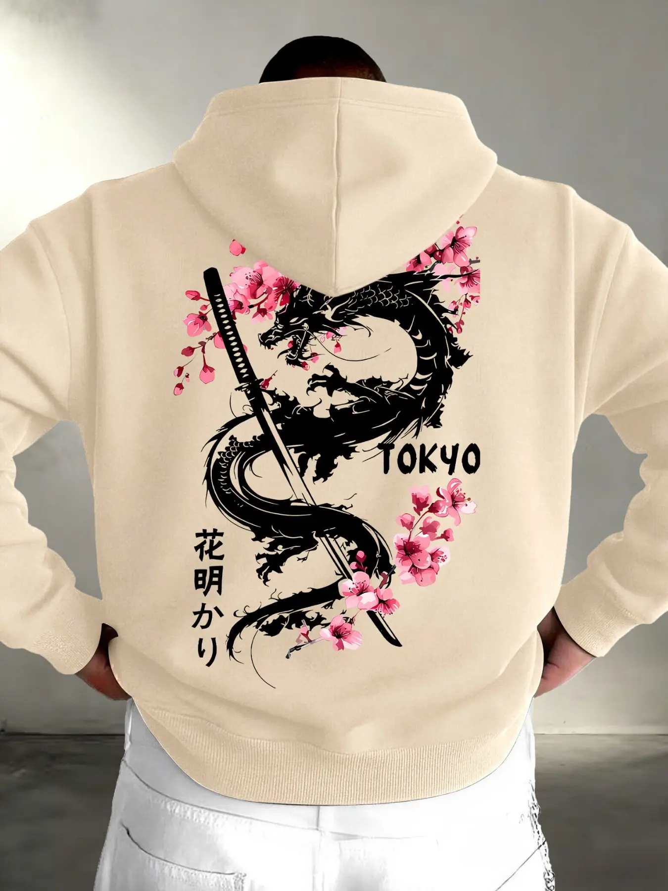 Oversized Pocket Drawstring Hoodie, Front & Back Dual Tokyo Dragon Sakura Katana Japanese Text Print Loose Harajuku Oriental Streetwear Long Sleeve Sweatshirt #TokyoHoodie #JapaneseStreetwear #DragonSakuraPrint #DualPrintHoodie #TikTokMadeMeBuyIt