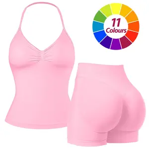 JGS1996 Women's 2-Piece Solid Halter Top & High Waist Shorts Sports Set – Breathable Sporty Outfits for Yoga Gym Workout Running