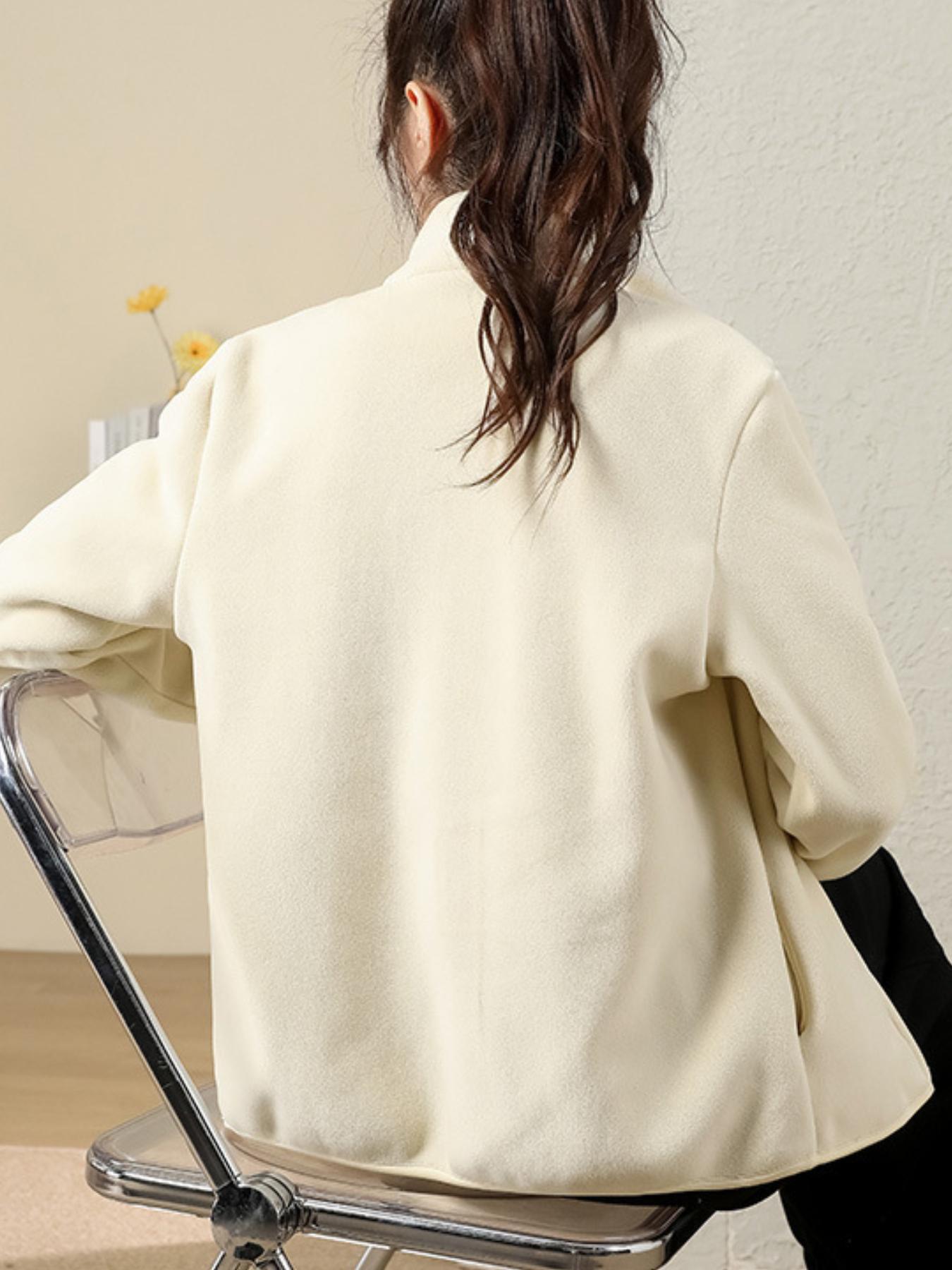 Women's Solid Zip Up Fleece Lined Sports Coat, Casual Long Sleeve Collared Outerwear for Outdoor Activities, Ladies Sportswear for All Seasons