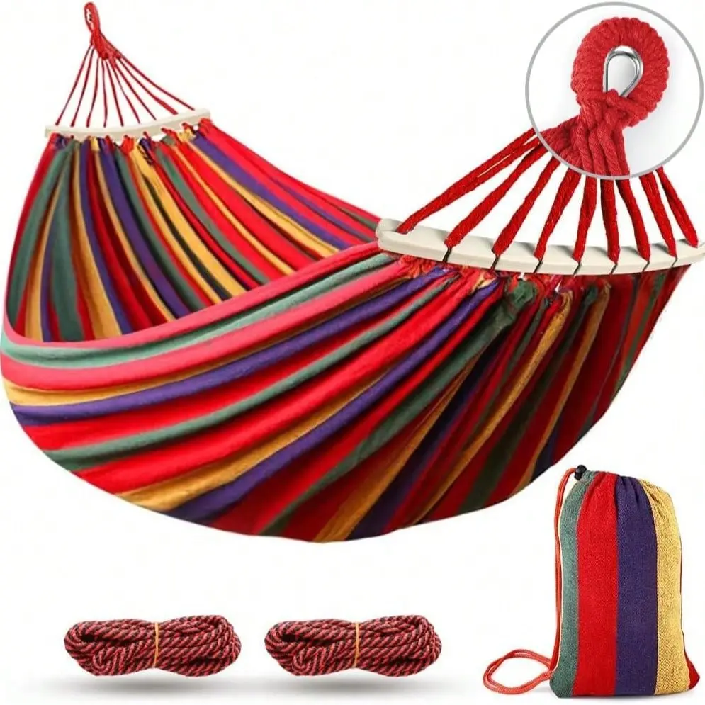 Double Camping Hammock, 1200lb Capacity Upgraded Thick Durable Canvas Fabric with 2 Anti-Roll Balance Beams & Sturdy Metal-Knot Tree Straps for Camping, Patio