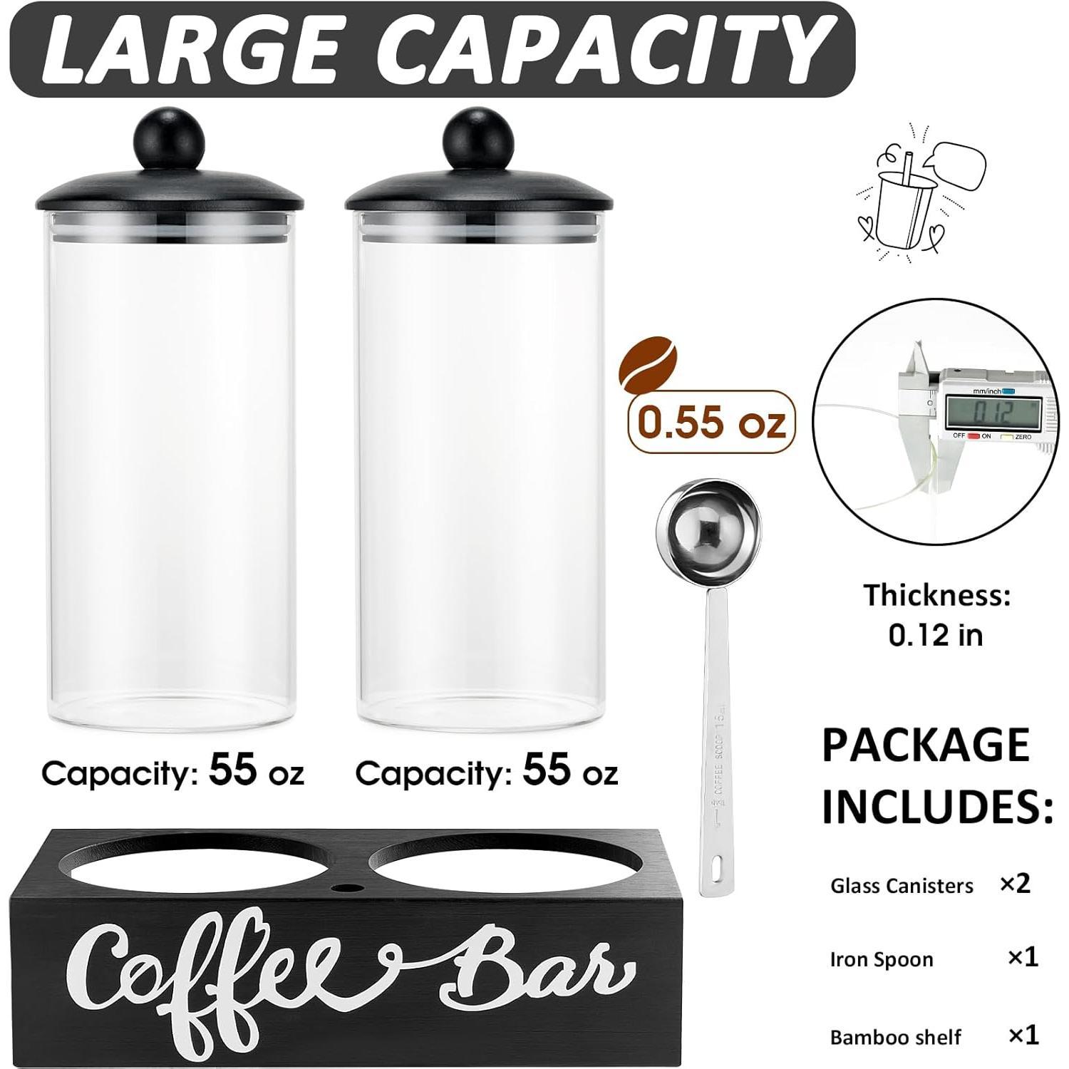 Glass Sugar Coffee Canister for Ground Coffee,2x55OZ Coffee Containers with Handle Shelf Coffee Bar Station Accessories Organizer Decor, Storage Jars with Iron Coffee Scoop for Kitchen