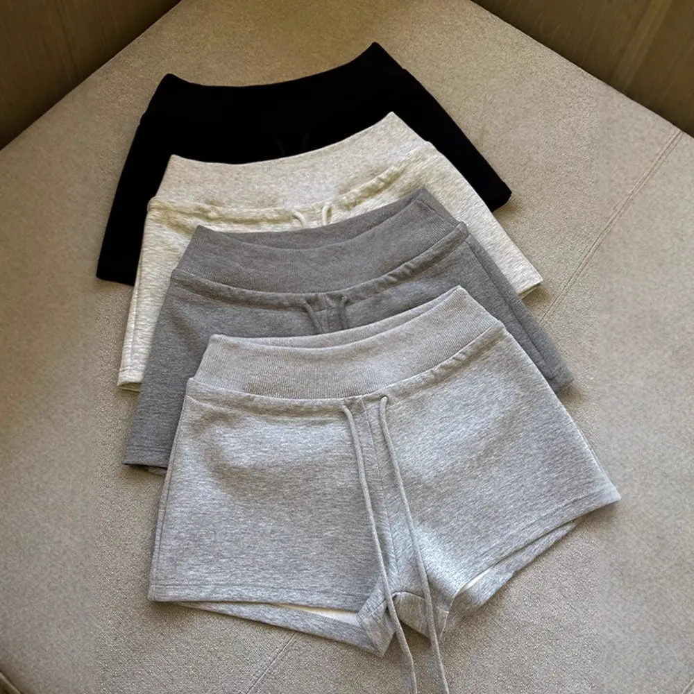 Women's Gray Sports Shorts, Basic Nylon Blend Low Waist Bottoms for Casual Wear, Loose Straight Leg Fit for Petite Figures, Clothes, Solid Plain
