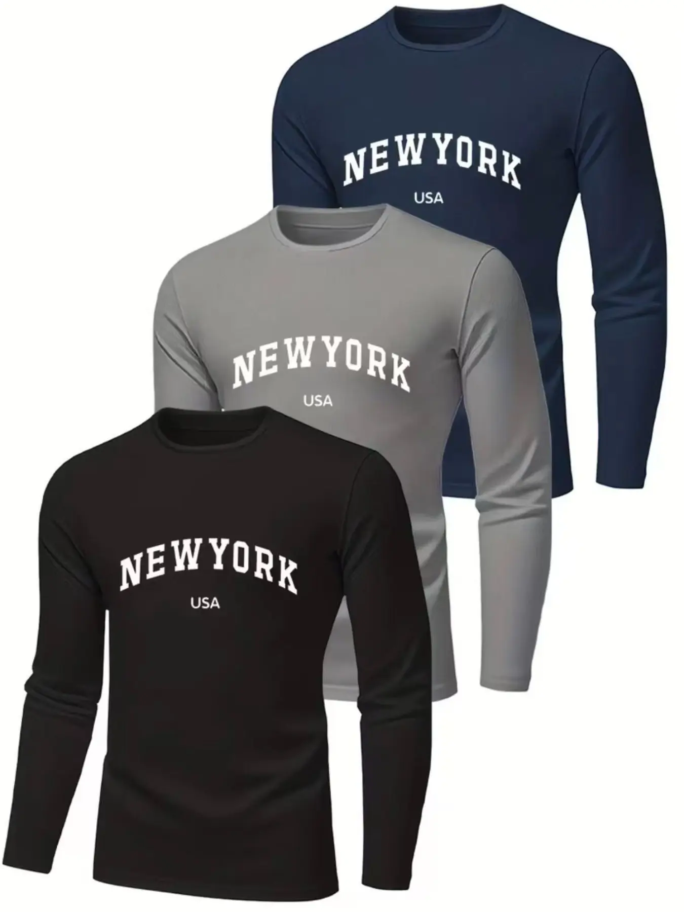 3-Pack Men's Long Sleeve Quick-Dry T-Shirts, Casual Loose-Fit Letter Print, Breathable Comfort for Running and Daily Wear
