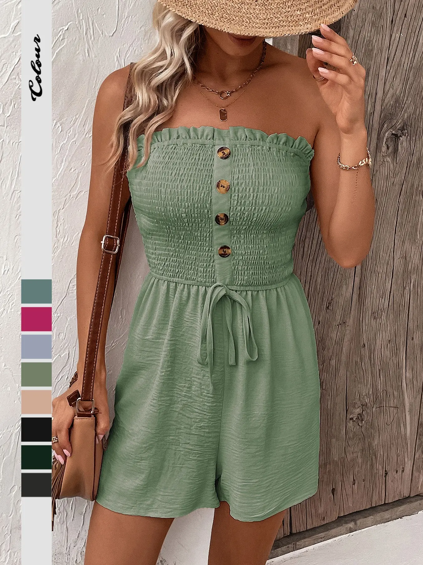 Women's Plain Ruched Shirred Tie Front Bandeau Sleeveless Fitted Chic Romper with Frill Trim, Boho Strapless High-Waisted Romper for Summer, Fashion Casual Women's Romper for Daily Wear, Comfy Casual Romper Womenswear Lady