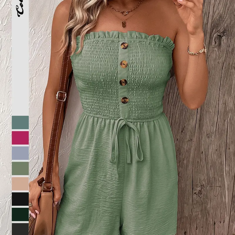 Women's Plain Ruched Shirred Tie Front Bandeau Sleeveless Fitted with Frill Trim, Boho Strapless High-Waisted Romper for Summer, Bohemian Romper, Fashion Casual Women's Romper for Daily Wear, Comfy Casual Romper Womenswear Lady