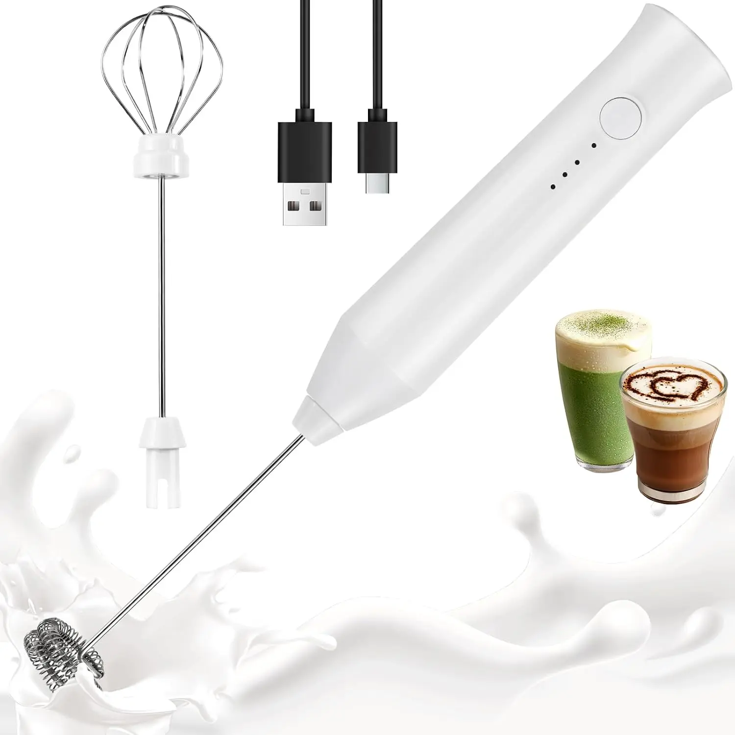 Milk Frother Handheld Rechargeable, Frother Wand Drink Mixer Electric Whisk for Coffee, Detachable With 2 Stainless Whisks, Hand Mixer for Lattes, Matcha, Egg(White)
