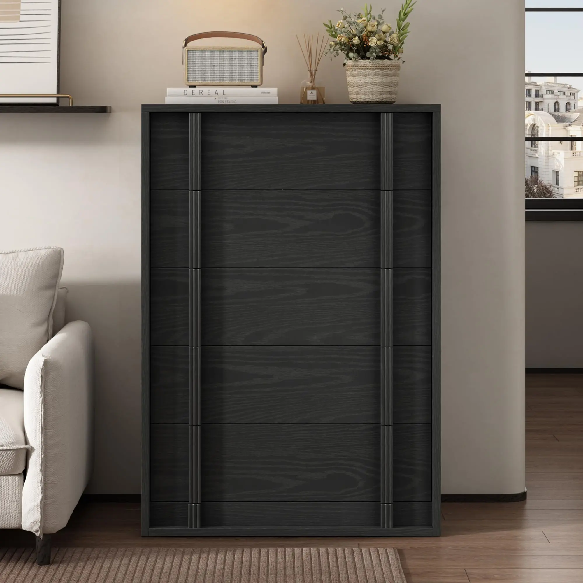 Modern Space-Saving 3/4/5 Drawers Bedside Table - Compact Wooden Chest of Drawer - Vertical Handle - Storage Cabinet for Bedroom, Living Room, Entryway, Dorm, Black/Natural/Brown