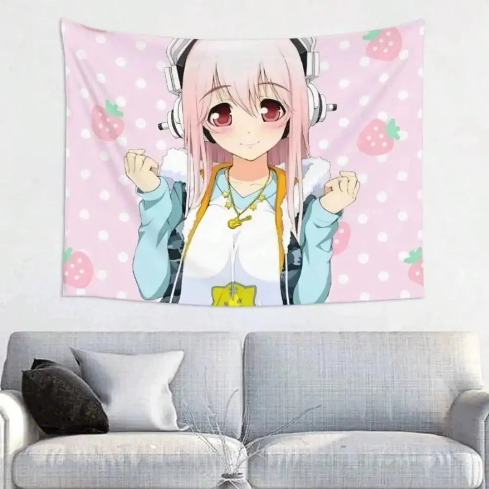 Super Sonico Anime Kawaii Girl Polyester Backdrop - Lightweight Wall Hanging Tapestry for Anime Fans, Cute Comic INS Blanket for Parties & Indoors Home Supplies Wall Cloth with Hanging Clips