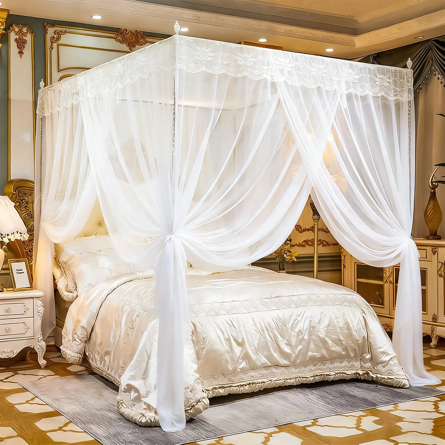 Large Net, Side Opening Bed Curtains, Bed Drapes Netting for Private Quiet Bedroom Decoration, L78xW59xH78 Inches for Queen Size Bed