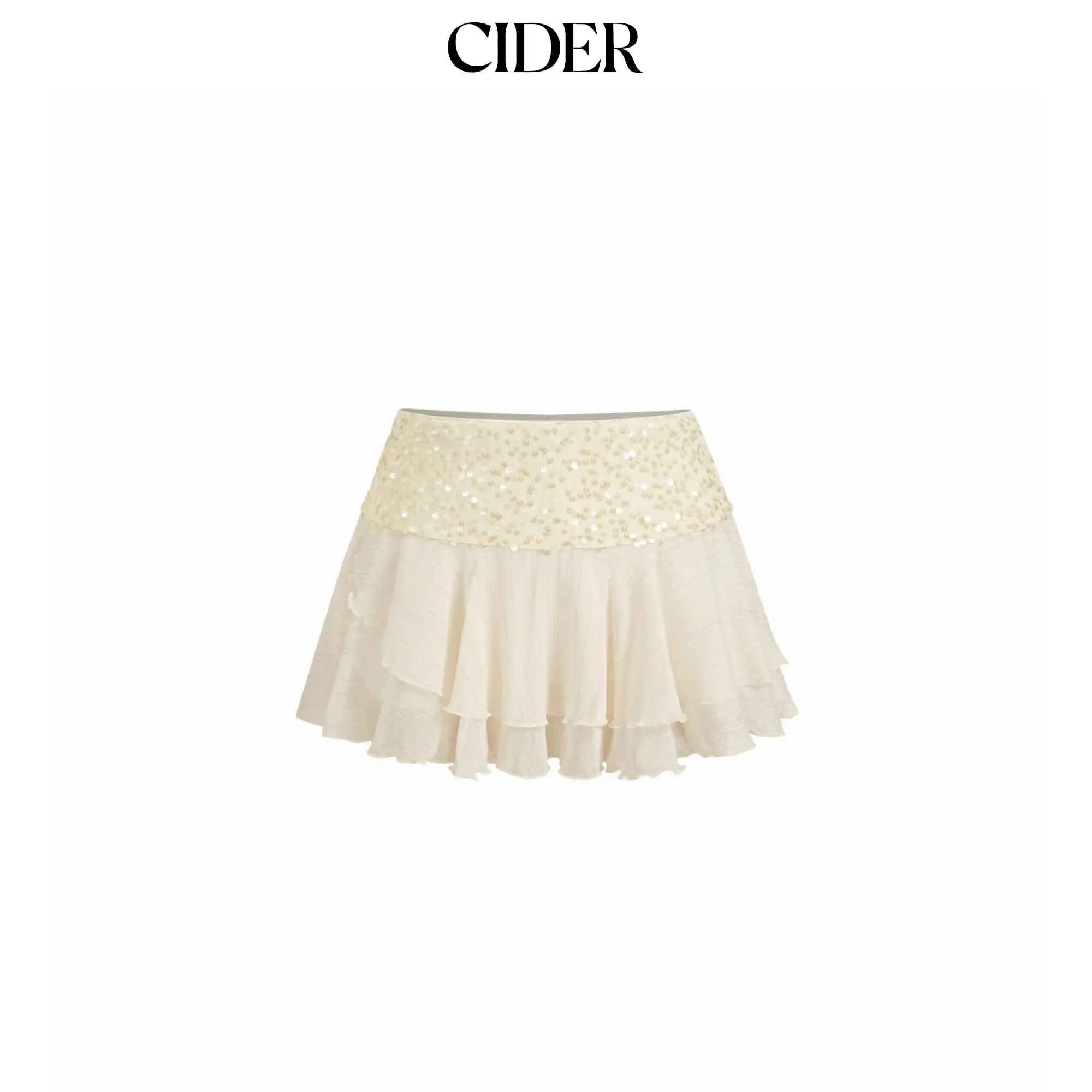 Cider Satin Low Rise Sequin Textured Layered Ruffle Mini Skirt