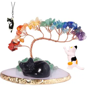 Dreamgirl Black Obsidian Chakra Crystal Tree and Healing Stones Cute Sleeping Cat Statue Lucky Kitten Figurine Office Bedroom Home Desk Decoration Cat Lovers Gift for Women