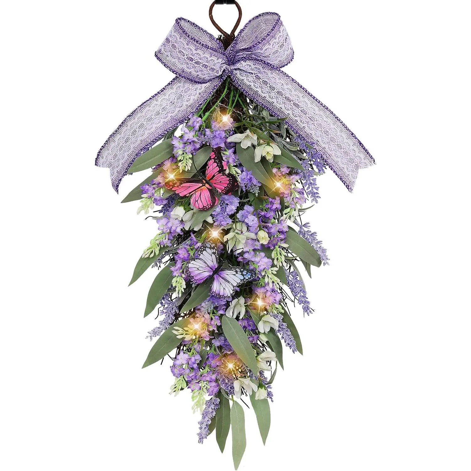 23.6" LED Teardrop Wreath, Faux Lavender & Butterflies,  | Spring wreath,  operated, front door swag, eucalyptus, gardenias,  bow, warm lights, indoor outdoor decor