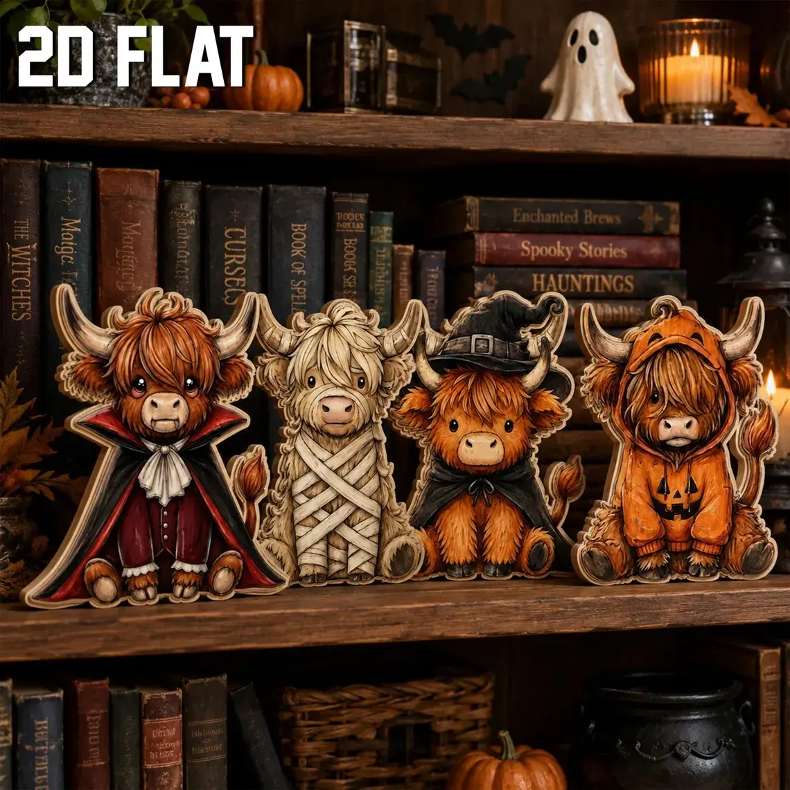 4 Piece Halloween Highland Cow Wooden Decorations, Rustic Farmhouse Design, Spooky Cow Shelf Decor, Cute Pumpkin Witch Vampire Mummy Gift Set