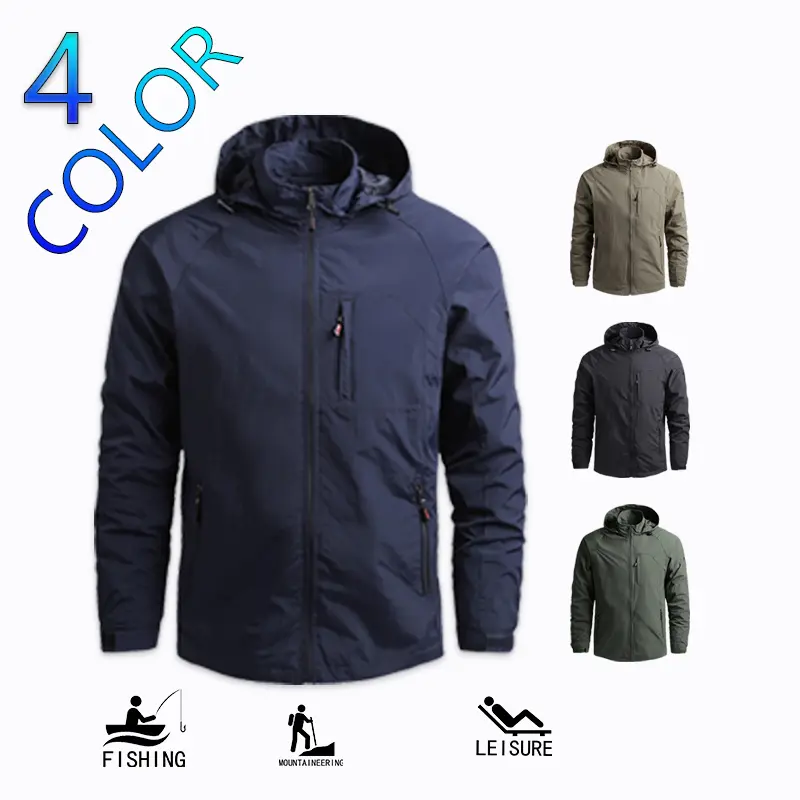 The hooded jacket comes in 4 colors, making it a must-have for exploration. It's a lightweight jacket with multiple pockets that provides wind protection. It's suitable for men's outdoor fishing, hiking, leisure activities, outdoor hiking, and daily wear