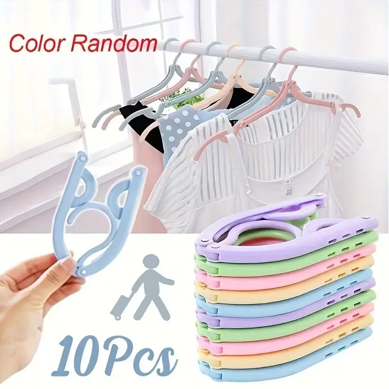 10-Pack Portable Foldable Hangers, Non-Slip Design, Durable Plastic, Ideal for Travel & Home Use, Random Colors