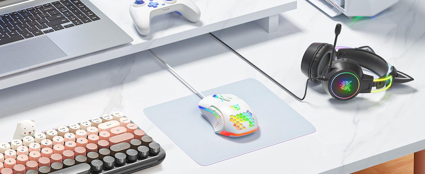 Wired PC Gaming Mouse: High Precision Sensor,RGB Backlit, Adjustable DPI, 7 Buttons Programmable,Ergonomic mice for Office & Gaming on Windows/Mac/Linux/Chrome-White