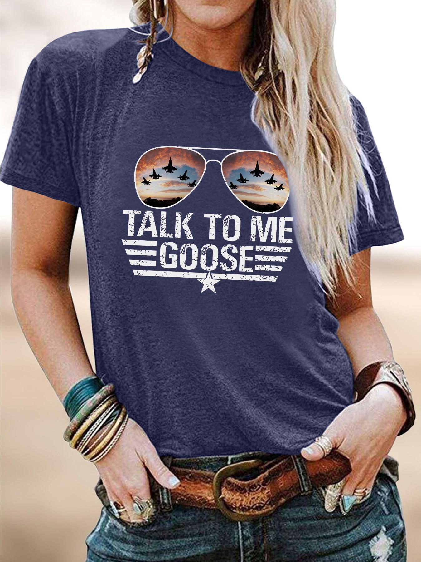 Women's Letter & Sunglasses Print Round Neck Tee, Fashion Casual Streetwear Crew Neck Short Sleeve T-Shirt for Summer, Women's Clothes for Daily Wear