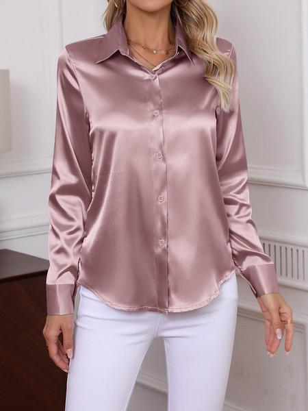Women's Plain Satin Shirt, Elegant Long Sleeve Button Top for Work Office Business, Ladies Clothes for All Seasons, Womenswear