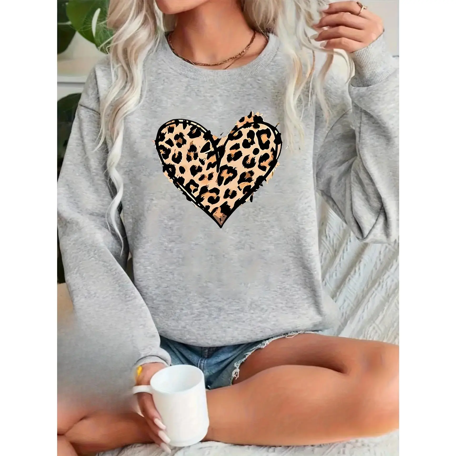 Leopard Print Heart Graphic Oversized Cotton Sweatshirt, Comfort Fashion Outfit, Cute Love Gift For Him Her, Valentine's Day Present, Best Holiday Gift For Family Lover Friends