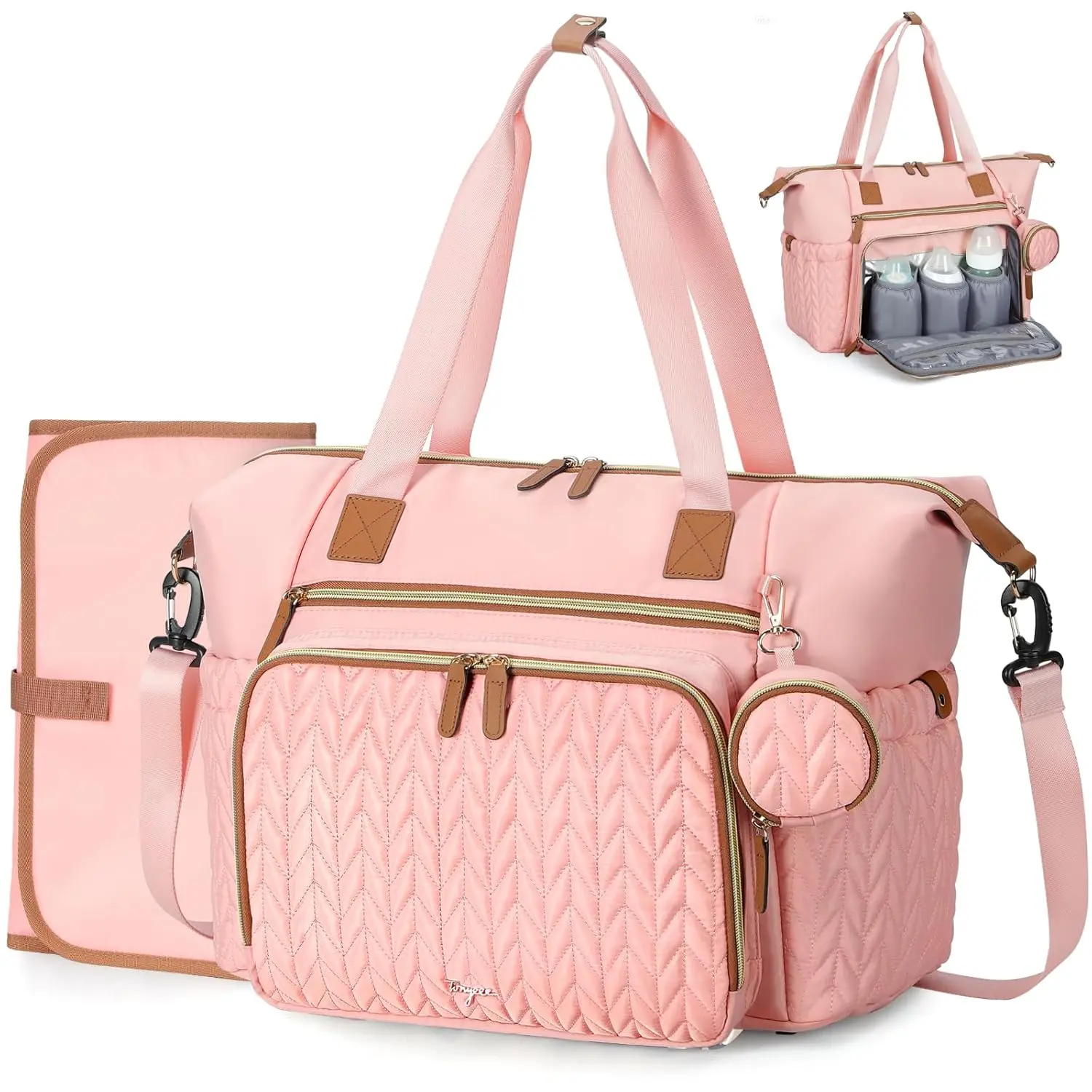 Diaper Bag Tote, Large Diaper Bags Waterproof, Hospital Bag  Labor Delivery, Baby Bag with Pacifier Case, Travel Diaper Tote with Changing Pad, Pink