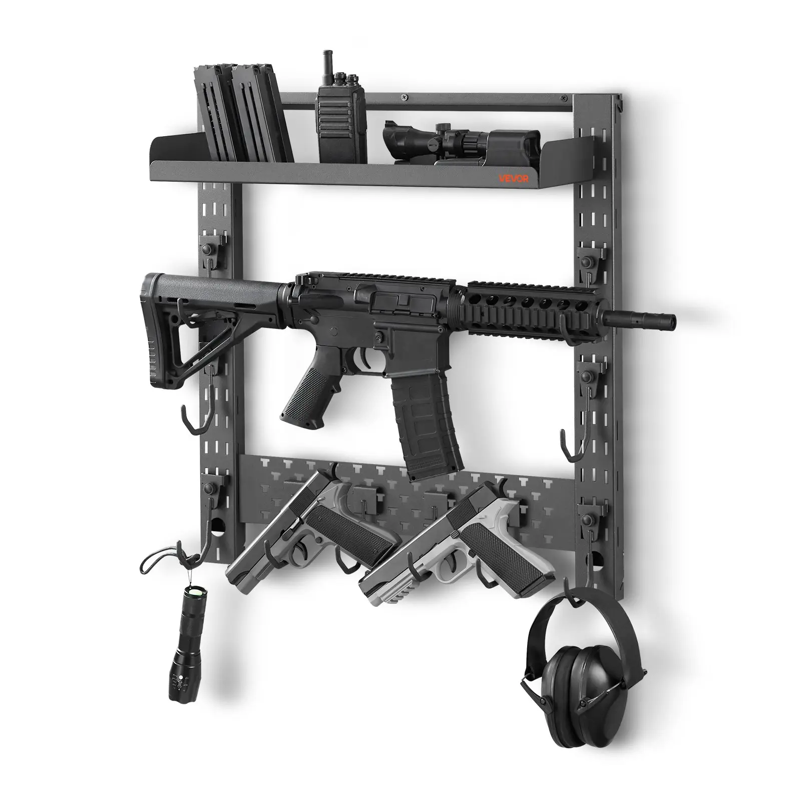 VEVOR Gun Rack Wall Mount, Heavy Duty Steel, Indoor Rifle Shotgun Rack with J-Hooks, Additional Tray Storage, Gun Accessories Display Storage Holder, Hold Up to 3 Rifles or Shotguns, for Tactical Gea