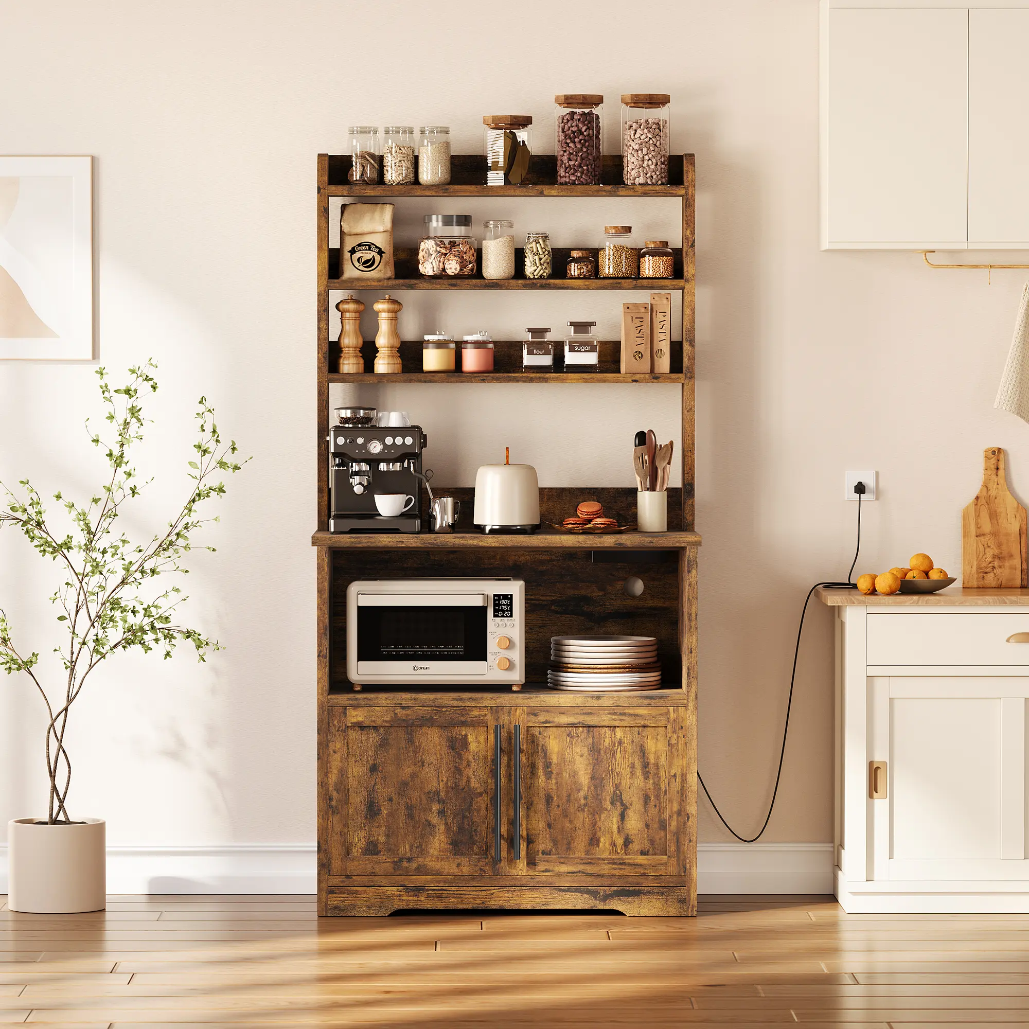 ⚡ Farmhouse Bakers Rack with Charging Station – Heavy-Duty 150 lbs Capacity, 2 AC + 2 USB Ports, Storage Cabinet & Open Shelves for Kitchen & Dining Room! 🏡✨
