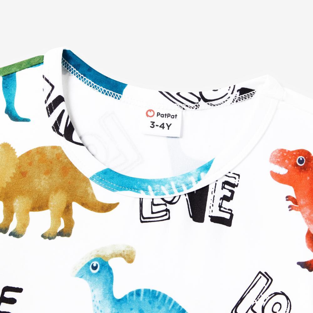 PatPat Family Matching Allover Dinosaur Print Drawstring Ruched Bodycon Dresses and Short-sleeve T-shirts Sets Spingtok