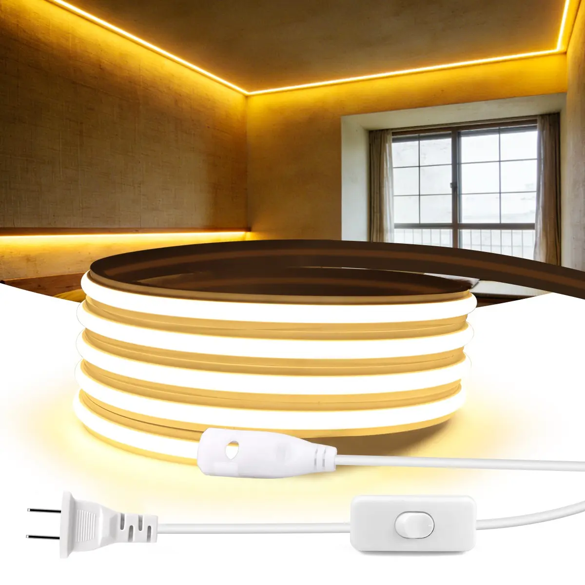 110v LED COB Neon Light Strip, High Brightness, Waterproof, Heat Resistant, Flexible Fireproof Silicone, with Button Switch Plug Outdoor Indoor Room Decor Lighting