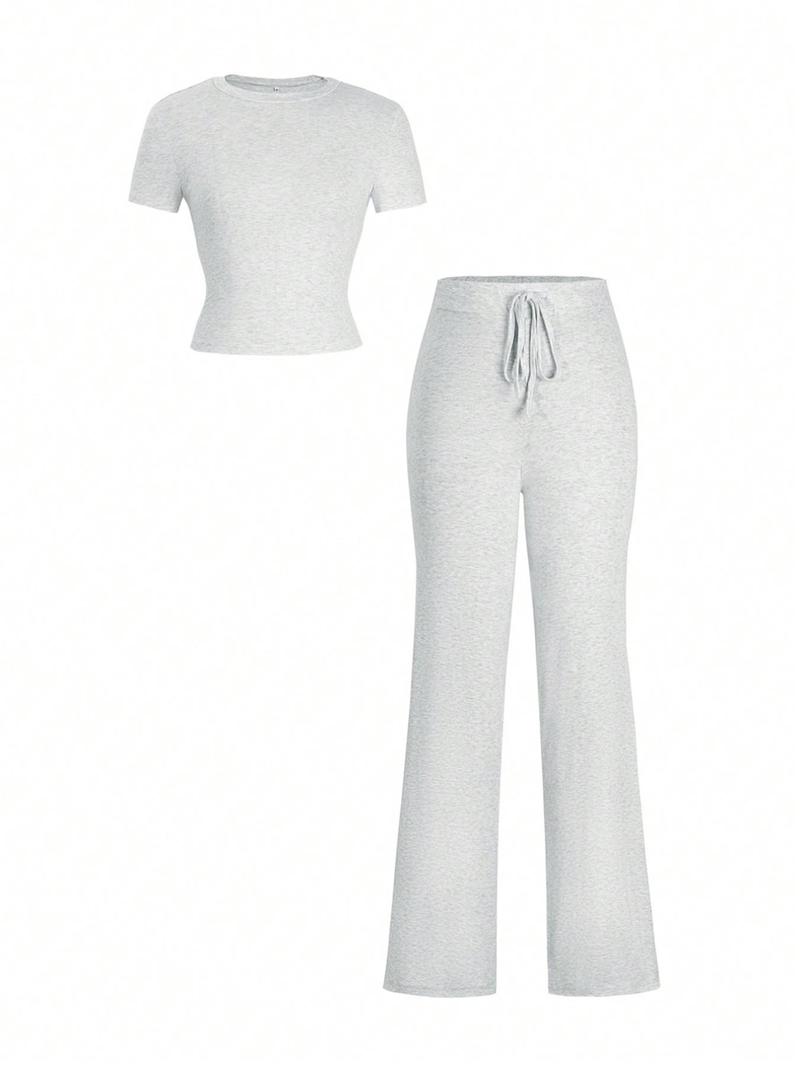 Women's Solid Short Sleeve Two-piece Set, Casual Round Neck Crop Tee & Drawstring High Waist Trousers for Daily Wear, Ladies Summer Clothes