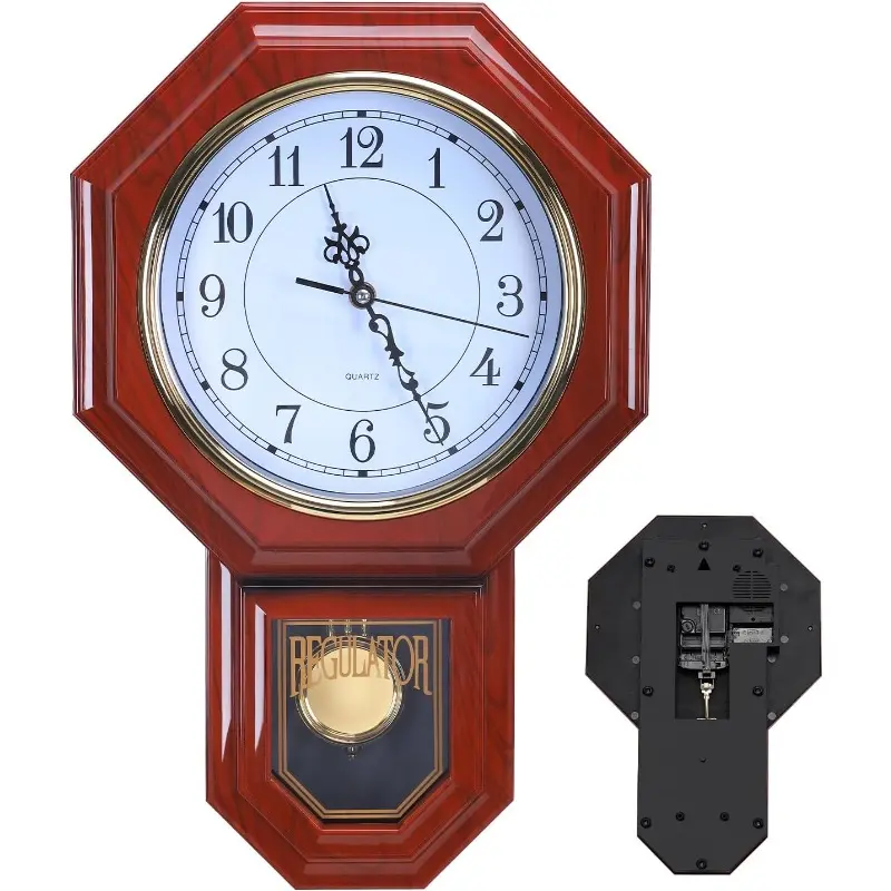 Pendulum Wall Clock, Battery‑Operated Vintage Decor Wall Clock, Wood‑Look Plastic Pendulum Clock for Living Room, Office, Bedroom, Kitchen, Brown, 11.8 x 17.7 Inch