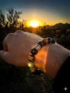 Yastlcee Silver Color Obsidian Tiger's Eye Bracelet, Tigers Eye Bracelet, 12mm Natural Stones, 4-Strand Elastic Cord, 7in, Yoga Daily Wear for Men & Women