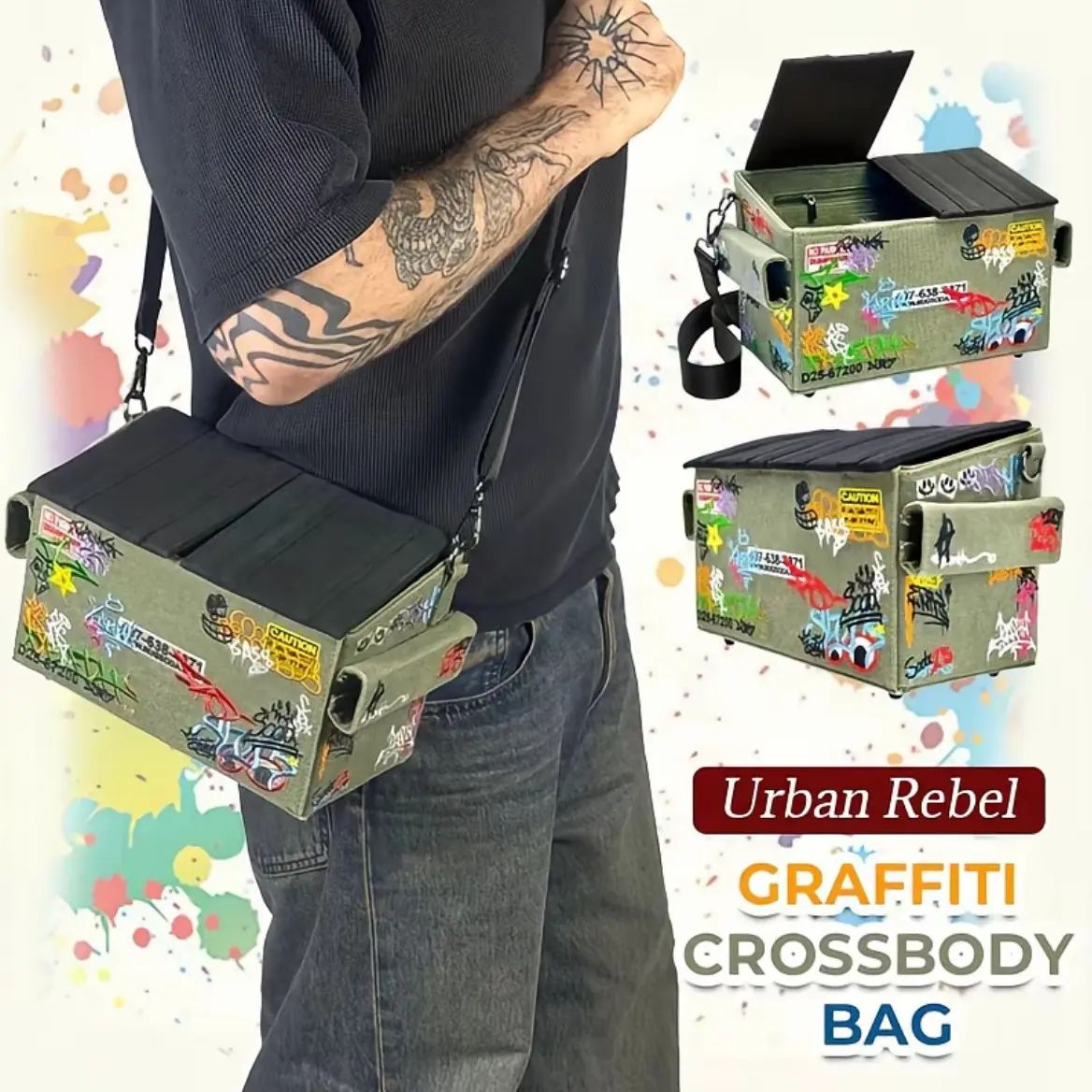 Canvas Embroidered Crossbody Bag, Graffiti Style Military Shoulder Bag, Multifunctional Storage Bag, Fashionable and Practical, Stylish Crossbody Bags
