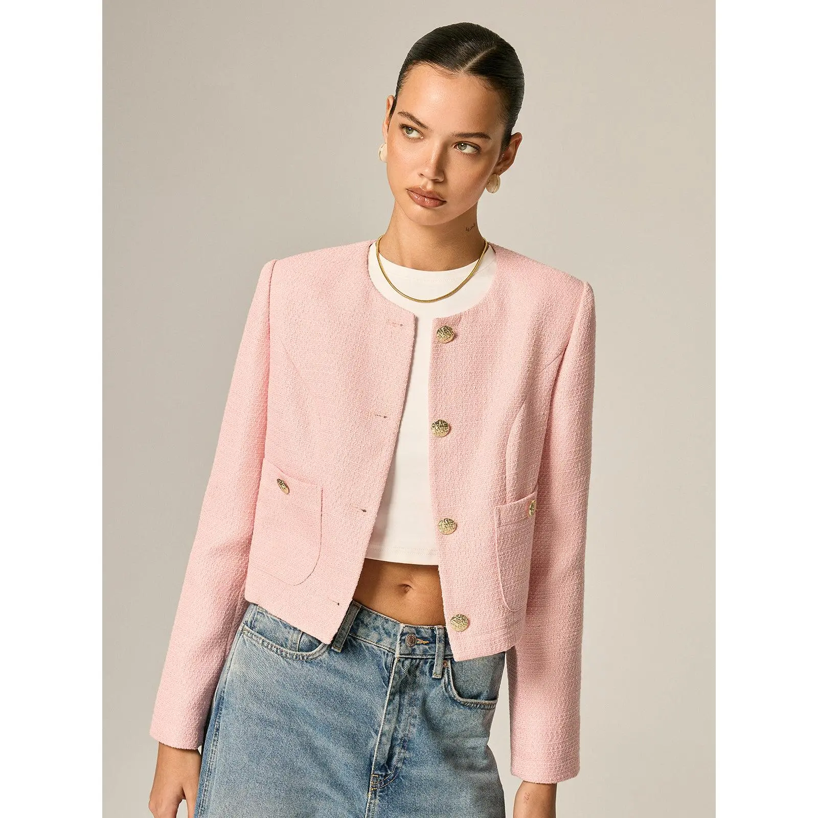 Women's Pink Tweed Blazer, Collarless Metal Button Cropped Jacket #sohochic