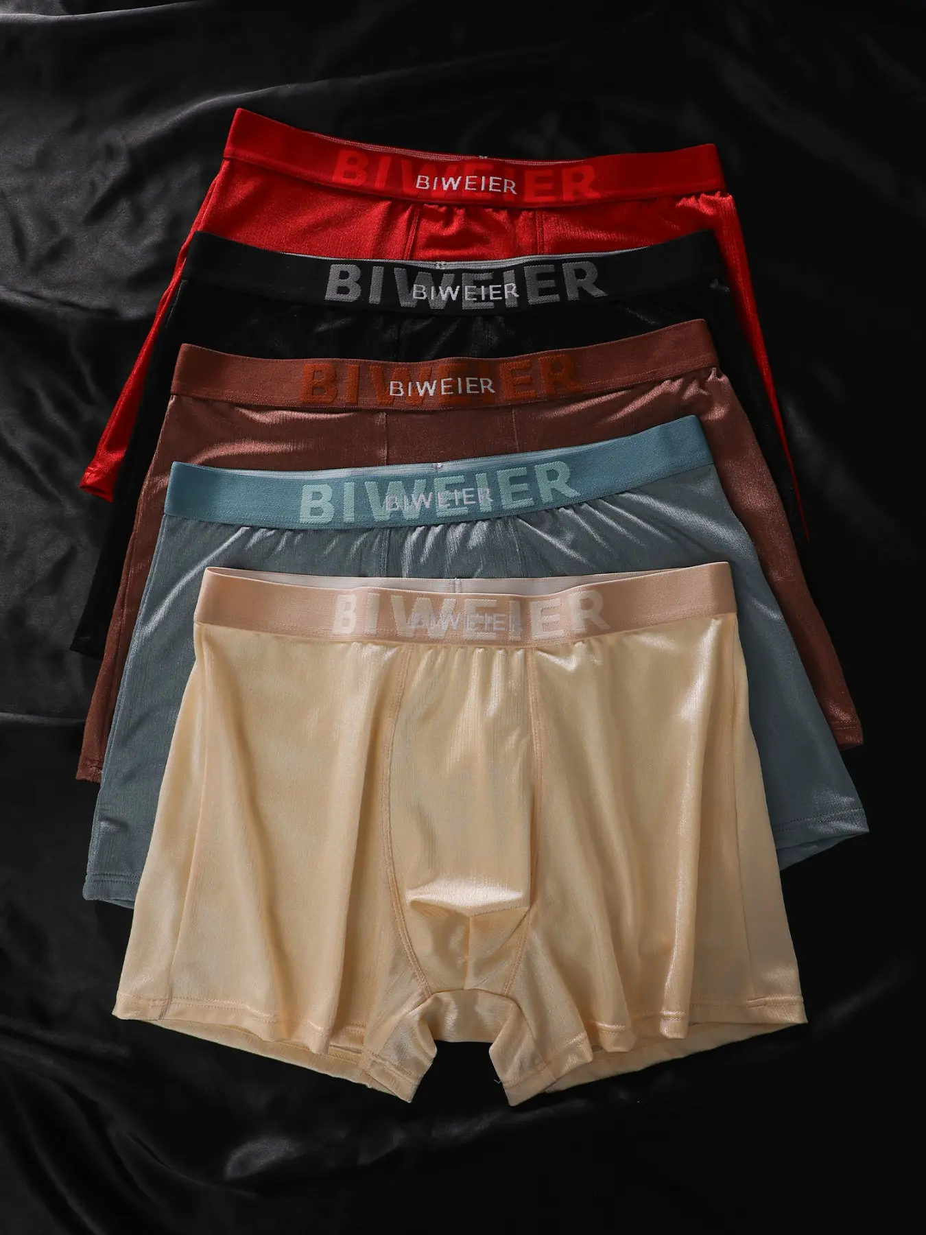 5 pcs Biweier Men's Smooth Satin Textured Briefs, Elastic Waistband, Solid Color, Elegant, Soft Comfort, Ideal for Home & Commute