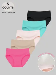 5-Pack Cute Girls' Safe and Comfortable Solid Color Briefs, Trendy Basics for Ages 6-14, All Seasons Wearable Underwear