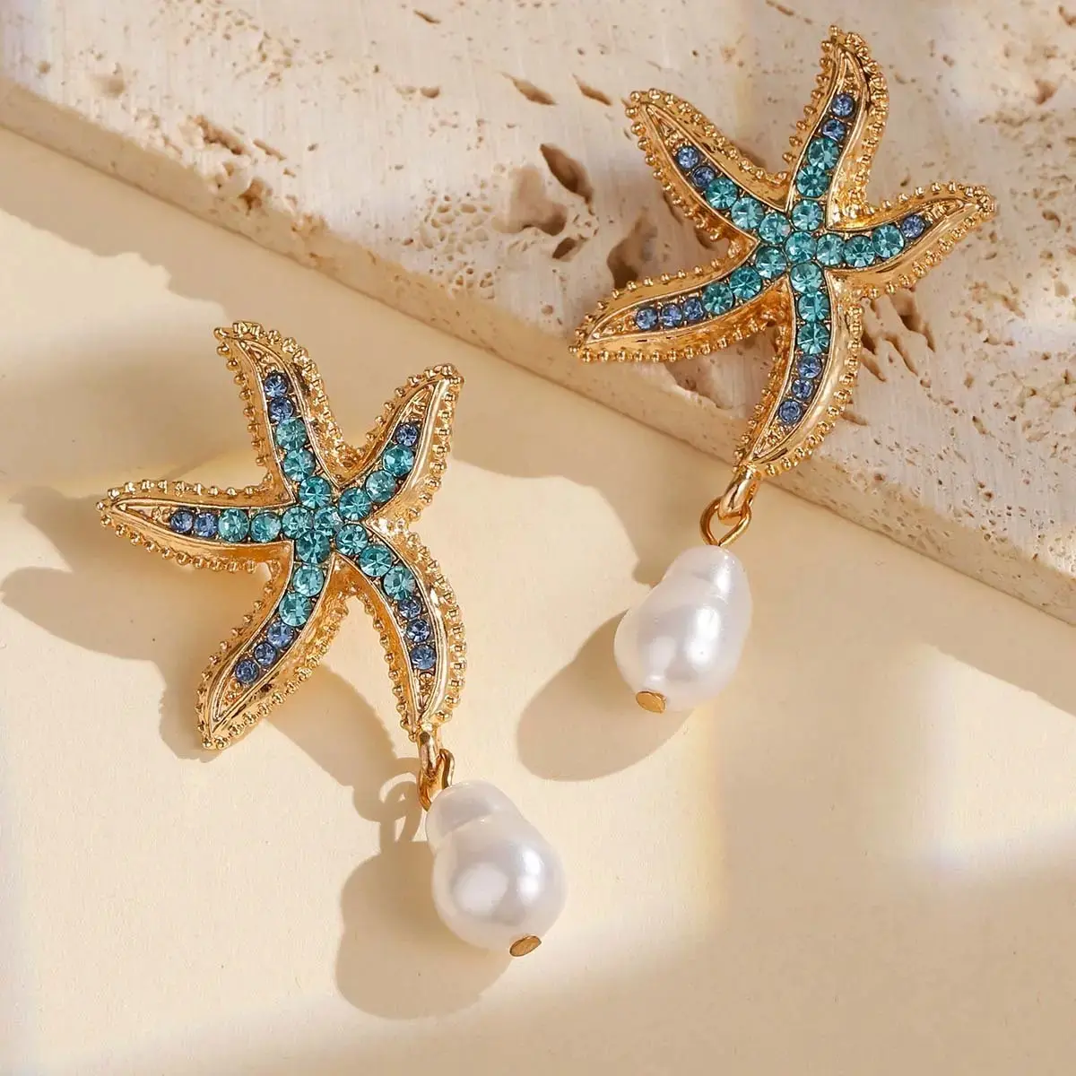 Women's Starfish Design Pearl Drop Earrings - Lightweight Blue Mermaidcore Beach Jewelry for Summer Beach Vacations, Cruises, Mermaidcore Style, Beachy Jewelry, Beach Accessories, Dangle Style