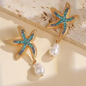 Coastal Starfish Pearl Drop Earrings for Women, Blue Ocean-Inspired Beachy Jewelry, Lightweight Statement Dangle Earrings, Mermaidcore Vacation Accessories for Summer Beach Party Cruise Resort Wear Gift