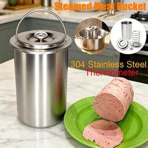 Ham Meat Press Maker with Thermometer, 304 Stainless Steel Steamed Meat Bucket Cooking Tools, Round Shape Meat Press Maker, Boiling Meat Bucket Kitchen Bacon Meat Pressure Cookers