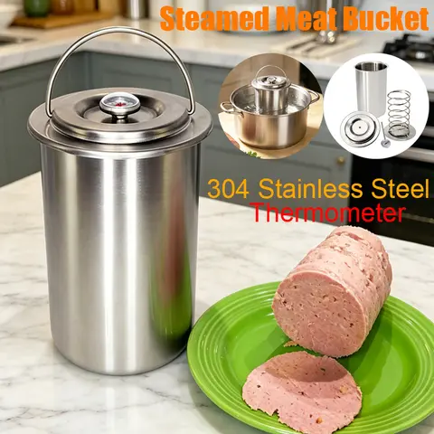 304 Stainless Steel Homemade Ham Meat Press Maker with Thermometer, Lid, 1pcs Steamed Meat Bucket - Handy Solid Metal Round Kitchen Utensil, Durable Kitchen Tool, 16.8Cm * 9.8Cm, 612g for Sandwiches, Family Use