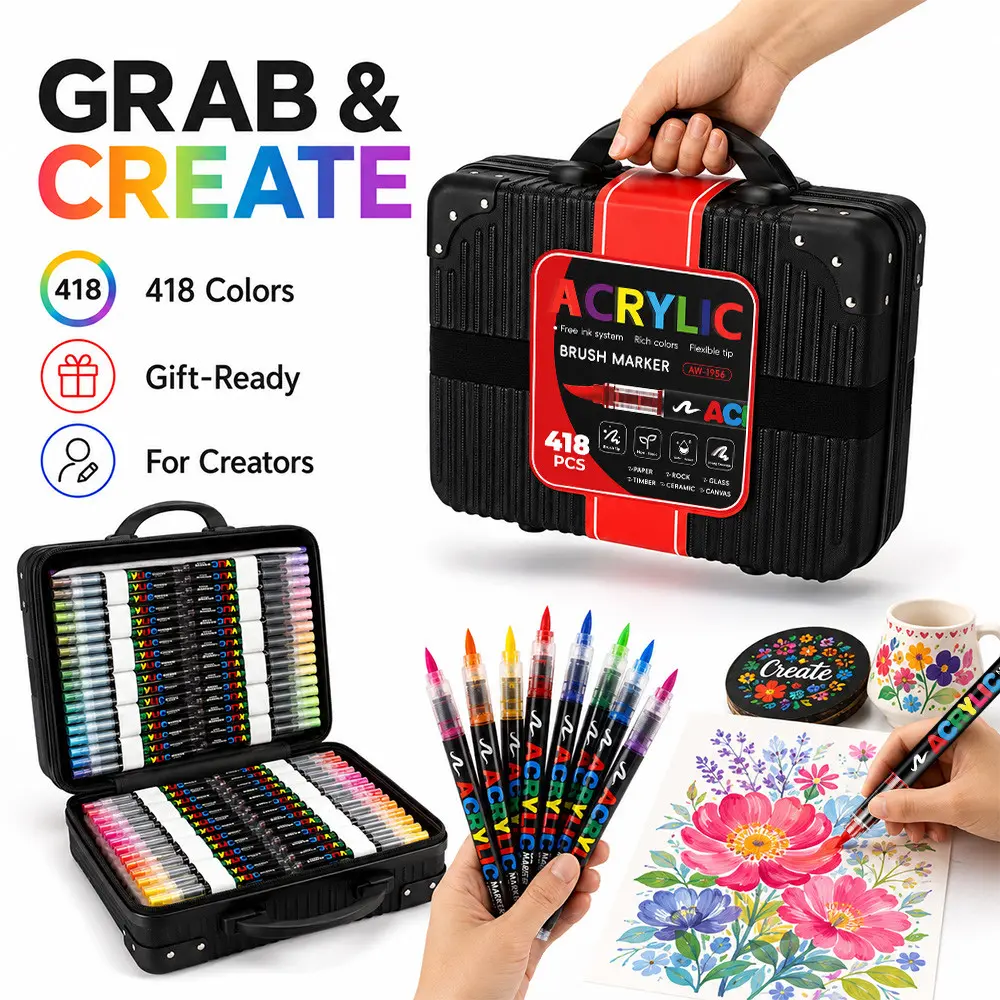 418 Colors Liquid Core Soft Tip Acrylic Marker Set, No Press Student Drawing Markers, DIY Colorful Brushes for Rock Art, Calligraphy, Card Making