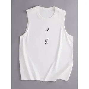 Men's Premium Plain Round Neck Sleeveless Tank Top - Menswear with Tiny Astronaut Moon Minimal Sketch Print, Loose Fit, Breathable Everyday Vest for Casual Home, Summer Outdoor Activities