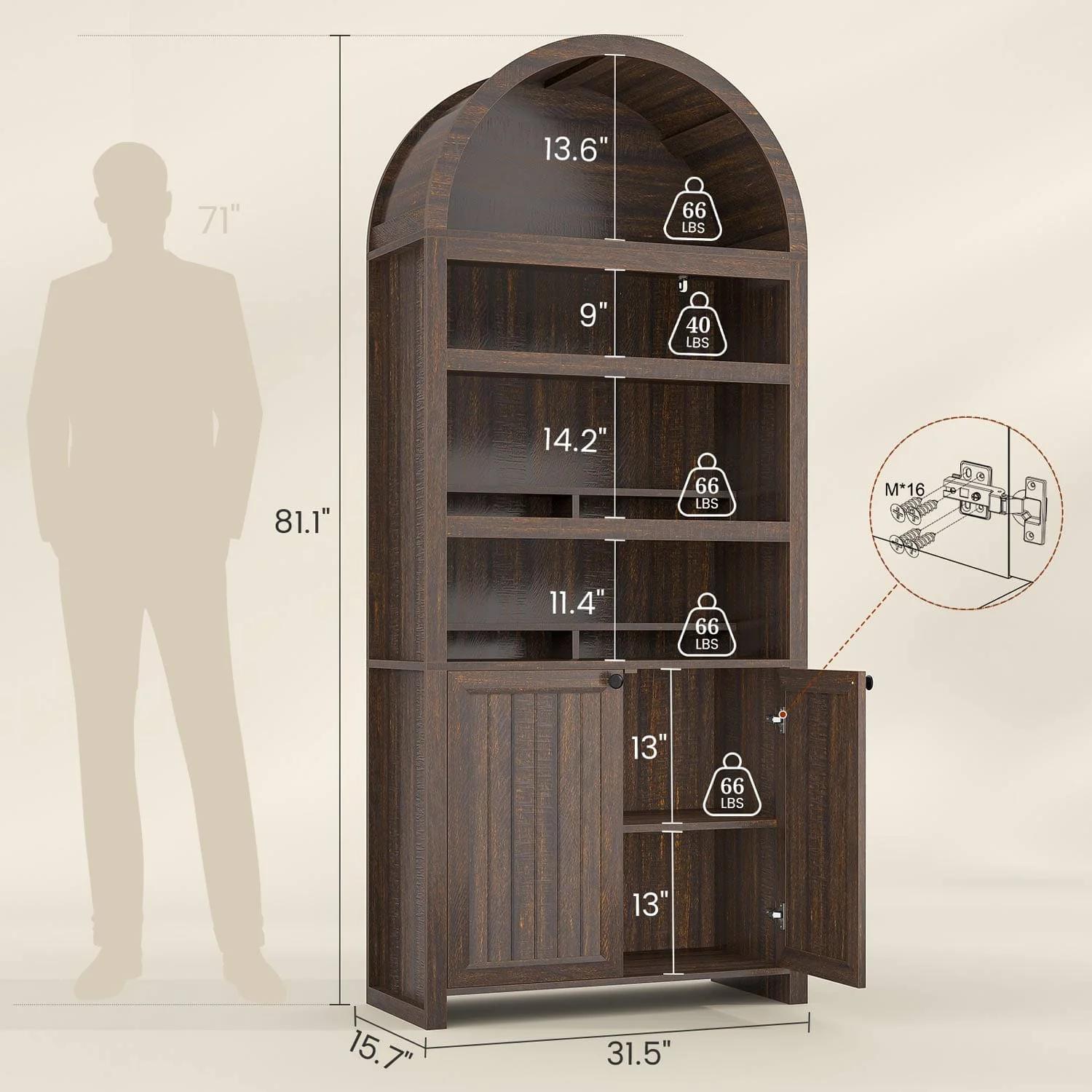 81 Inches Tall Arched 6-Tier Bookcase with Door Walnut